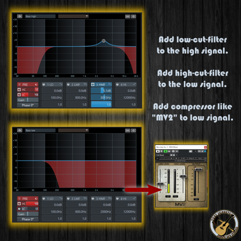 Use high pass / low cut and low pass / high cut filters to just let through the frequencies you need for each channel.